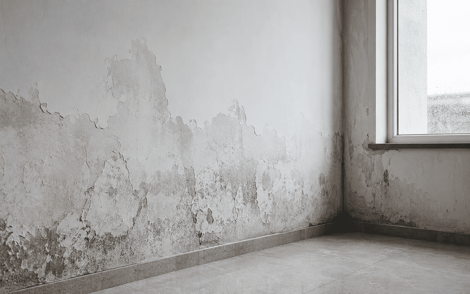 Interior damp wall with moisture stains