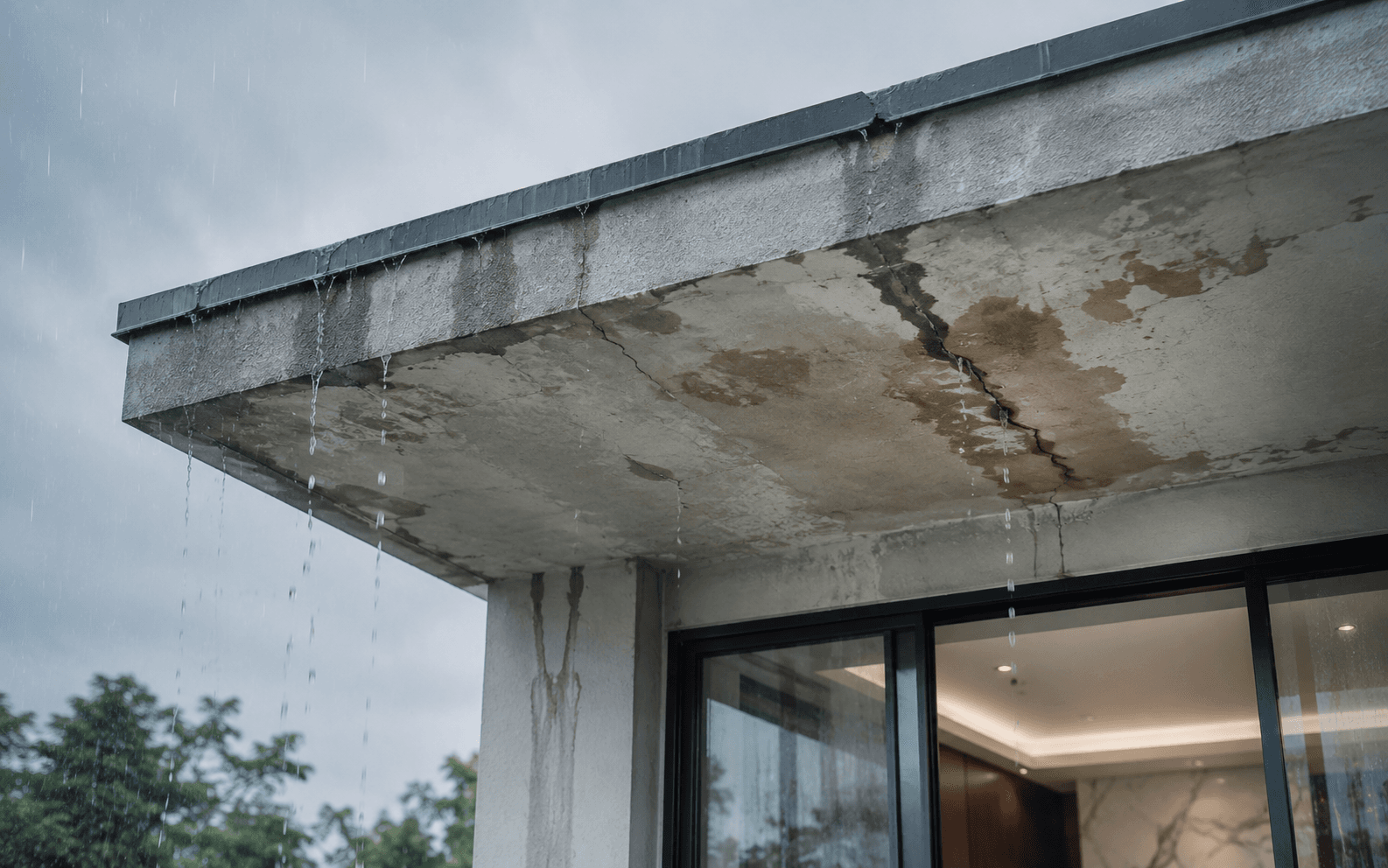 Leaking roof ceiling with water damage